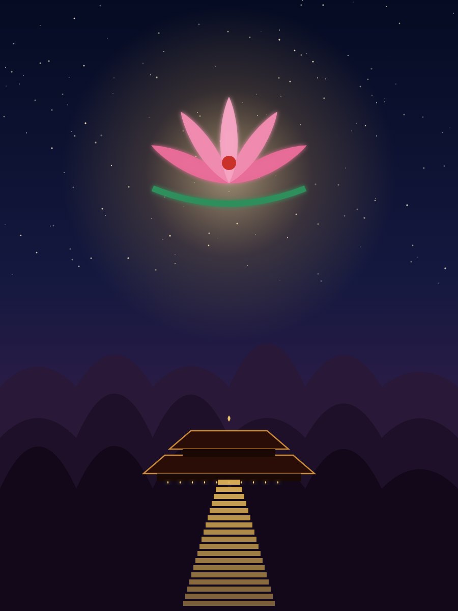 Illustration: the Devi's temple among green, gently rolling hills, under the sign of the goddess